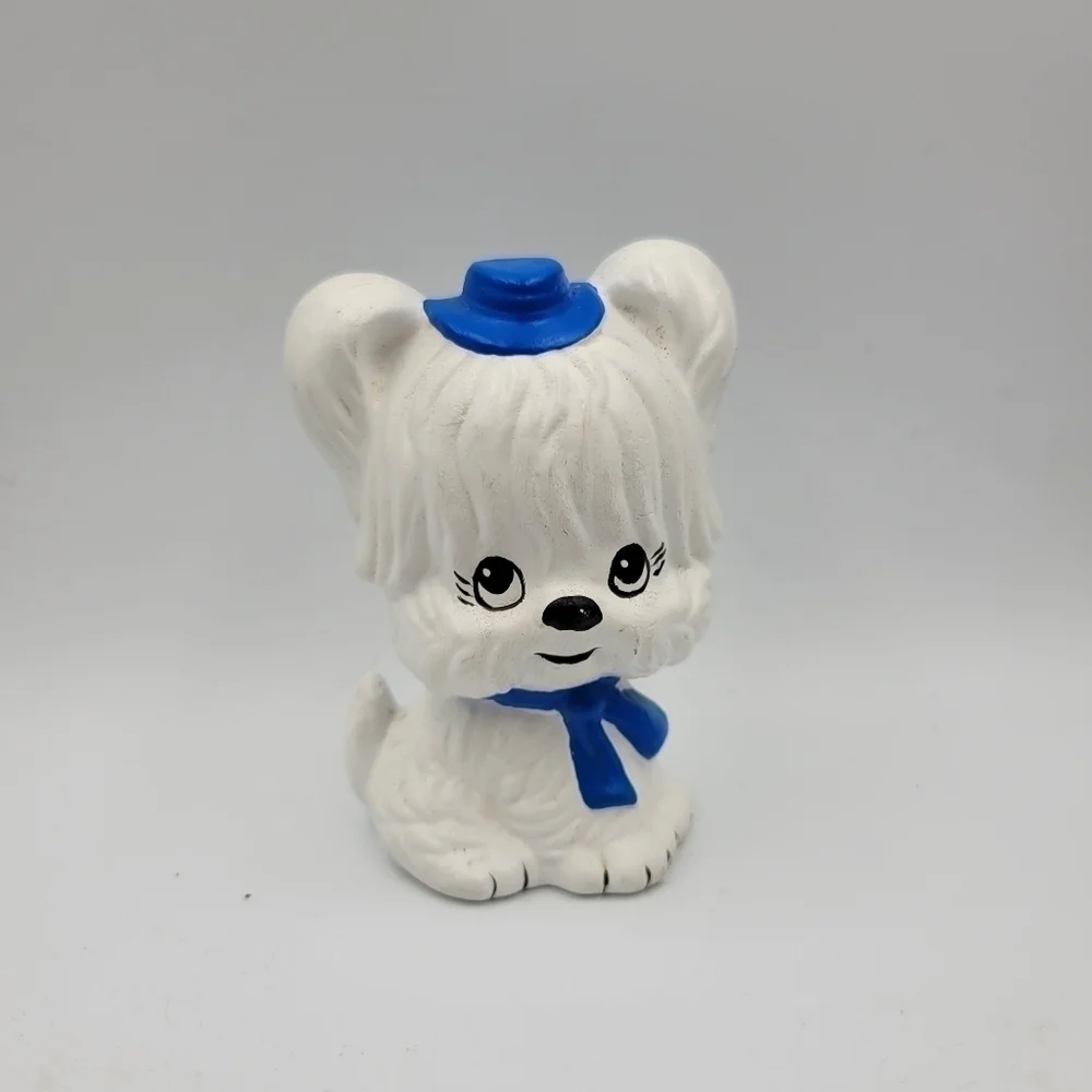 Ceramic White Dog in Blue Hat & Tie Figurine